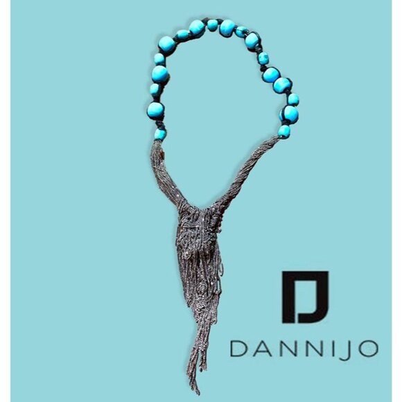Dannijo Y2K statement necklace, turquoise beads, silk cord and gunmetal chain - Picture 1 of 3